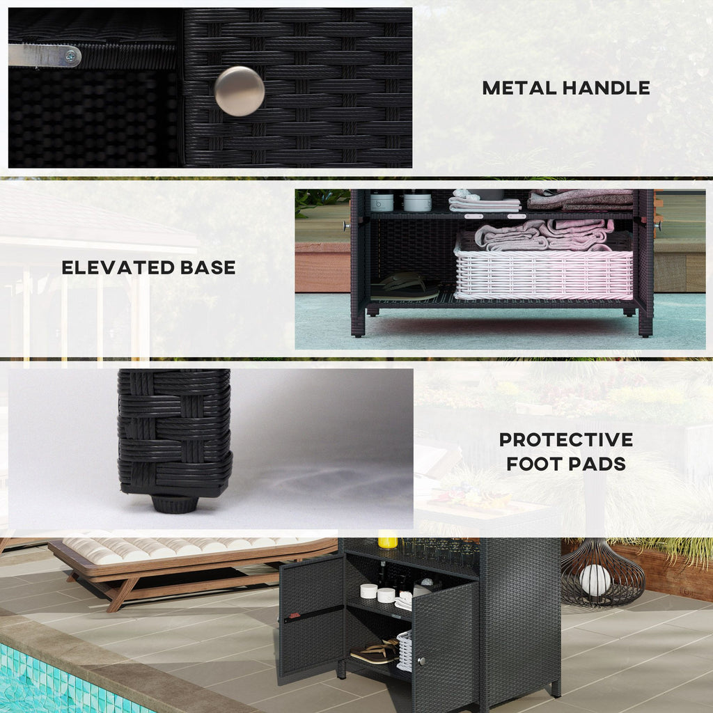 Outdoor Storage Cabinet with Acacia Wood Top, Two Doors, Shelf, Wicker Bar Table for Pool