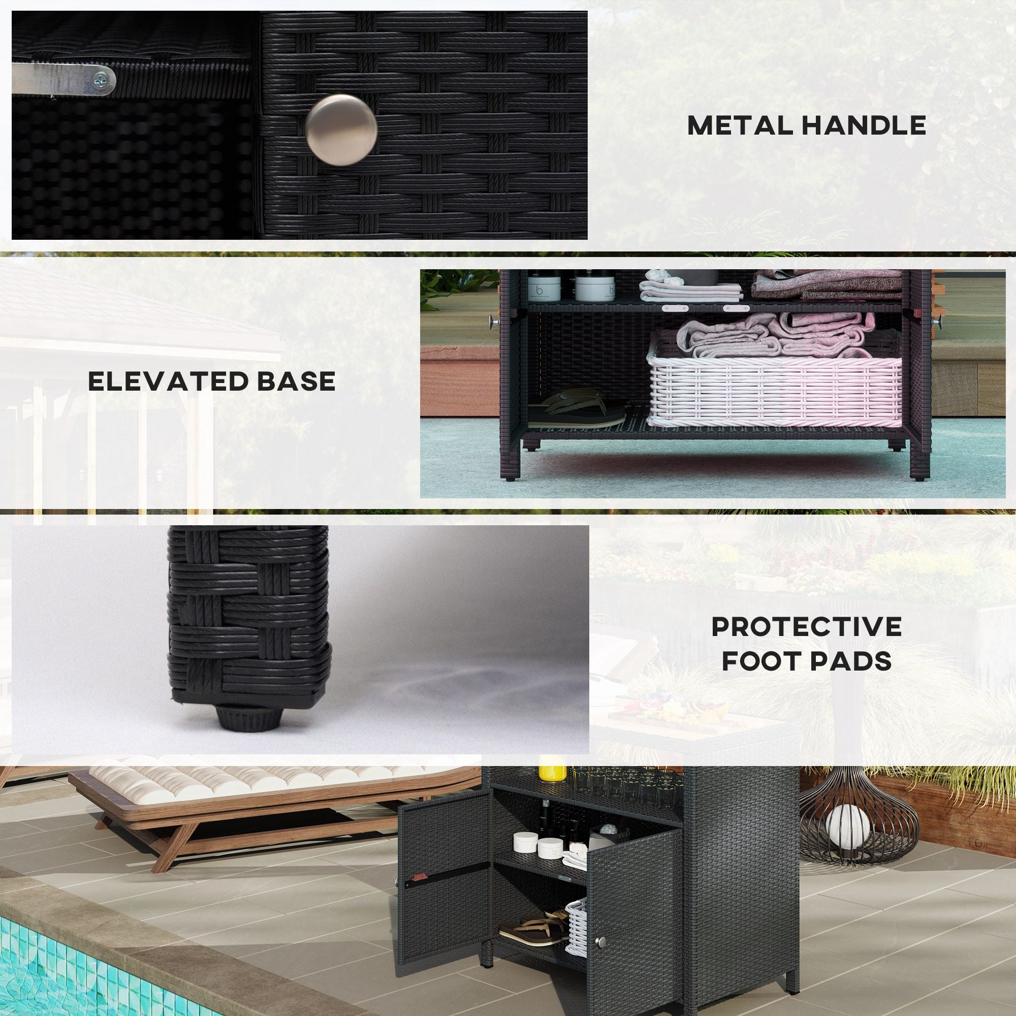 Outdoor Storage Cabinet with Acacia Wood Top, Two Doors, Shelf, Wicker Bar Table for Pool