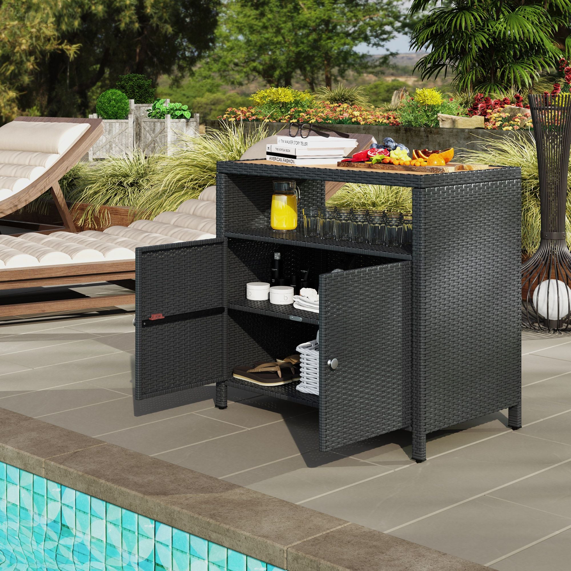 Outdoor Storage Cabinet with Acacia Wood Top, Two Doors, Shelf, Wicker Bar Table for Pool