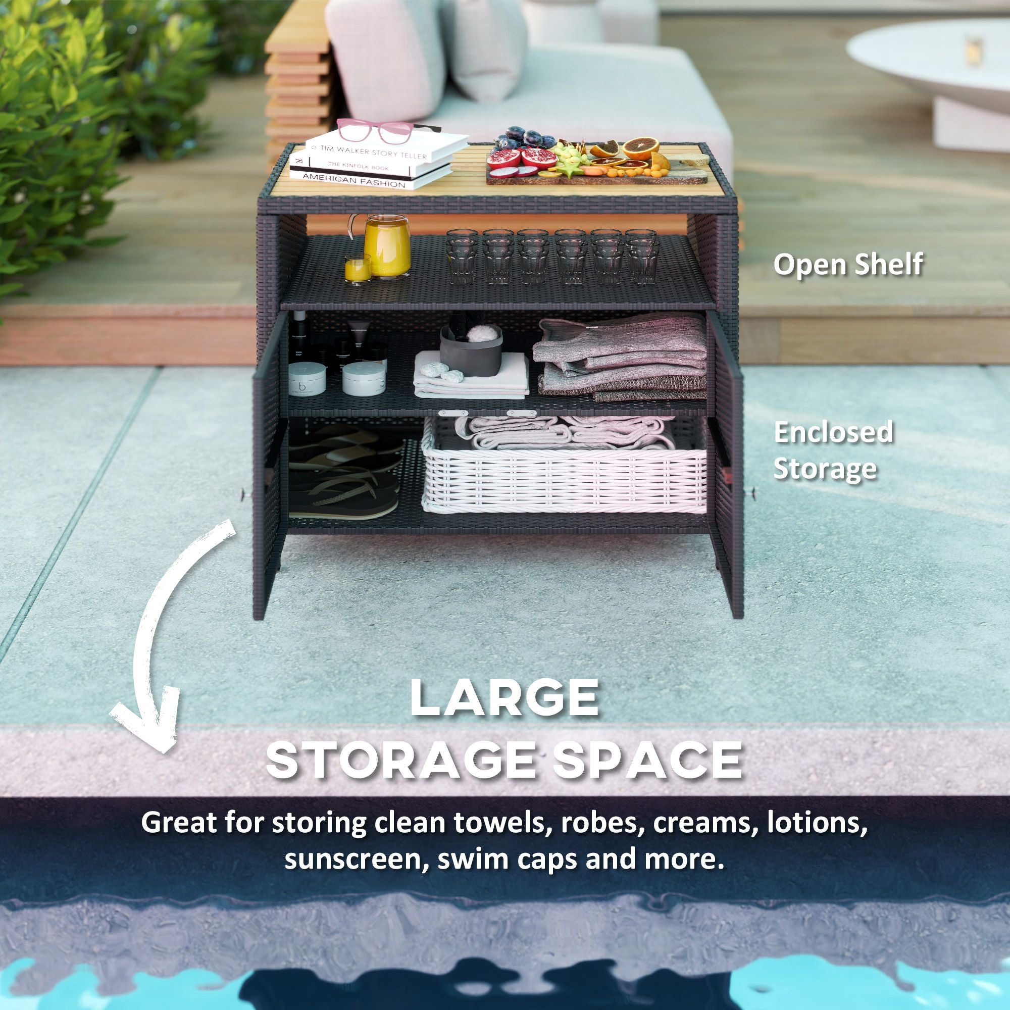 Outdoor Storage Cabinet with Acacia Wood Top, Two Doors, Shelf, Wicker Bar Table for Pool