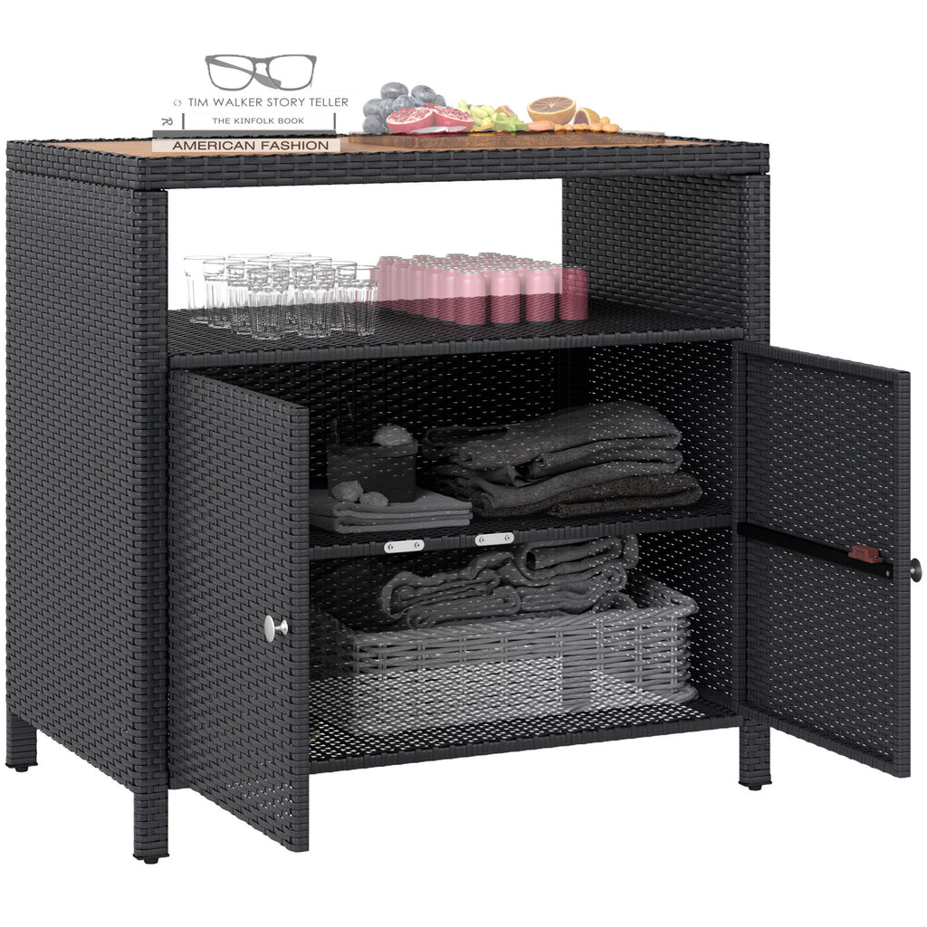 Outdoor Storage Cabinet with Acacia Wood Top, Two Doors, Shelf, Wicker Bar Table for Pool