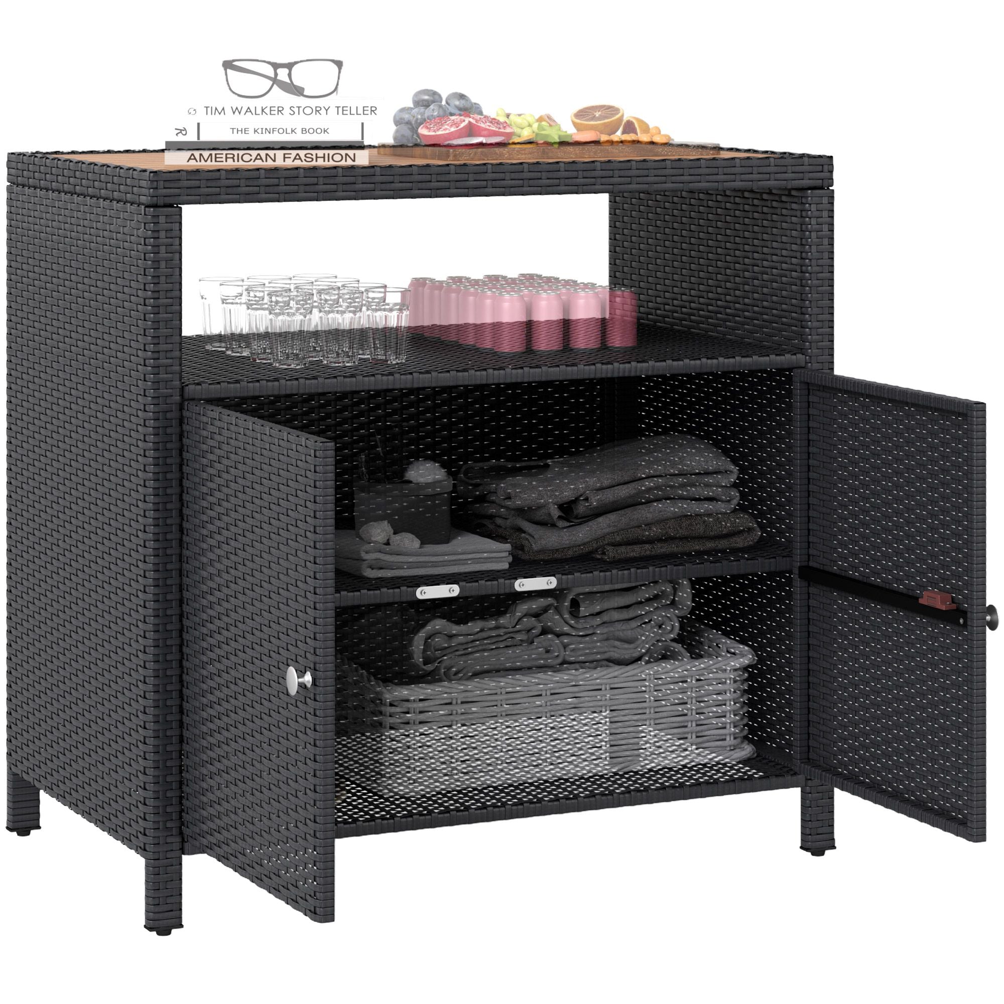Outdoor Storage Cabinet with Acacia Wood Top, Two Doors, Shelf, Wicker Bar Table for Pool