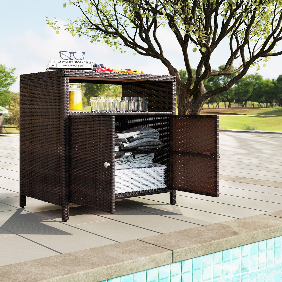 Outdoor Two-Door Storage Cabinet and Patio Bar Table