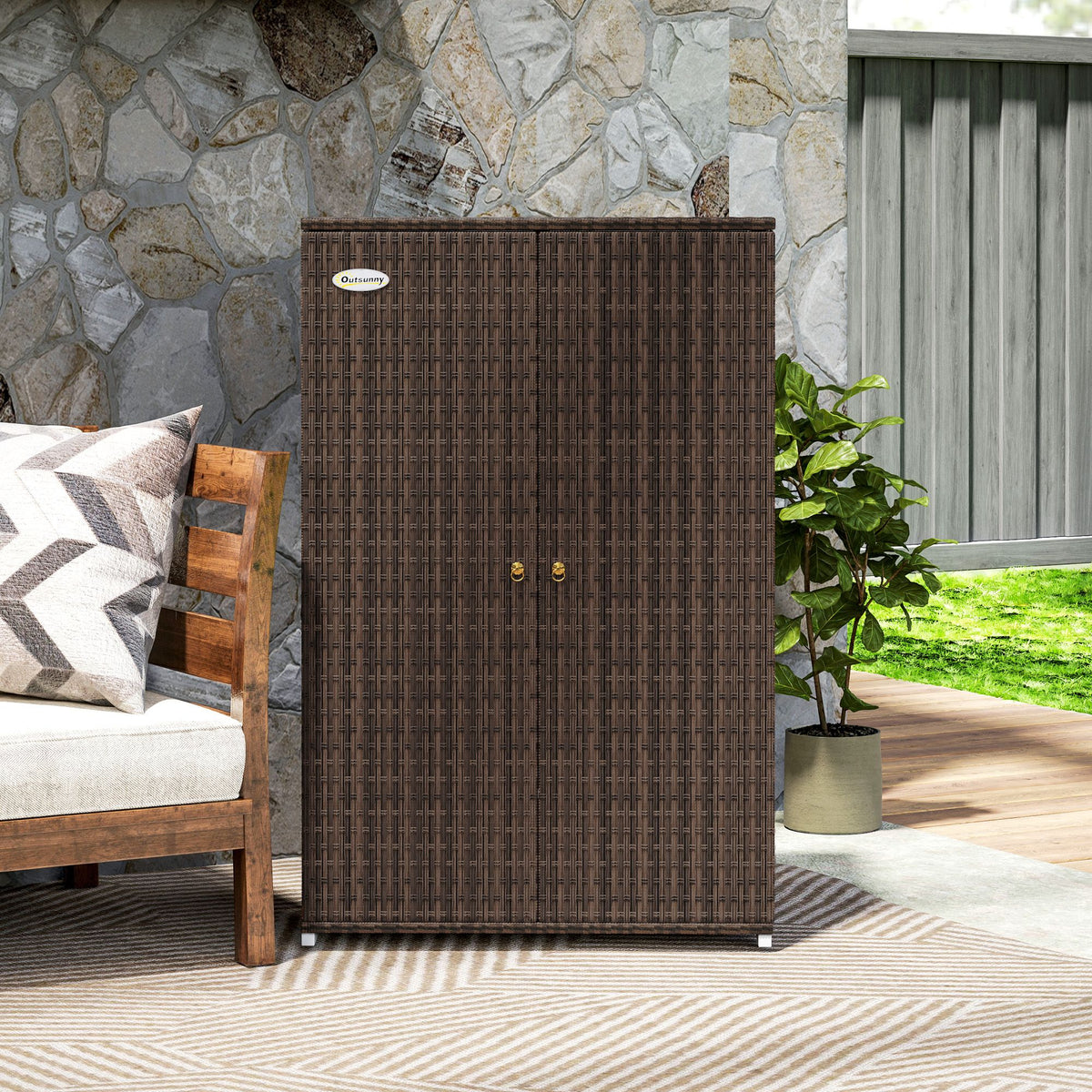 Outdoor Storage Cabinet with Shelves, Rattan Pool Towel Storage Cabinet with Removable