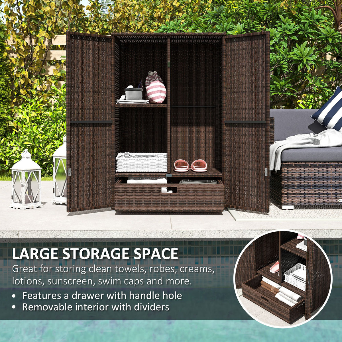 Outdoor Storage Cabinet with Shelves, Rattan Pool Towel Storage Cabinet with Removable