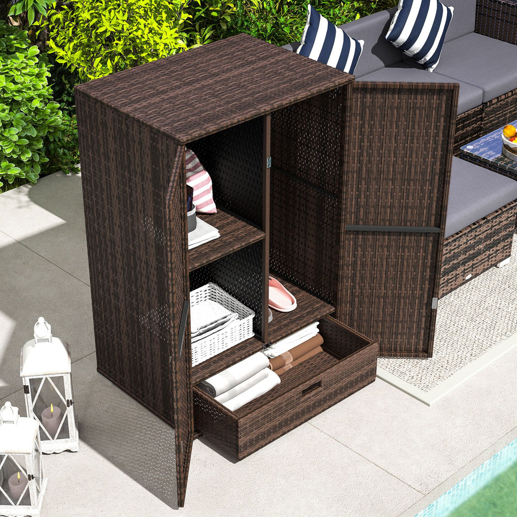 Outdoor Storage Cabinet with Shelves, Rattan Pool Towel Storage Cabinet with Removable