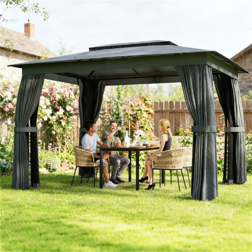 Outdoor Terrace Pavilion with Curtains - Dark Gray