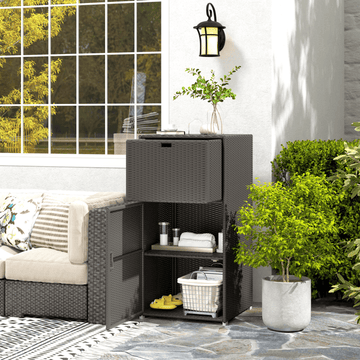 Dark Brown Outdoor Rattan Storage Cabinet with Drawer and Cabinet