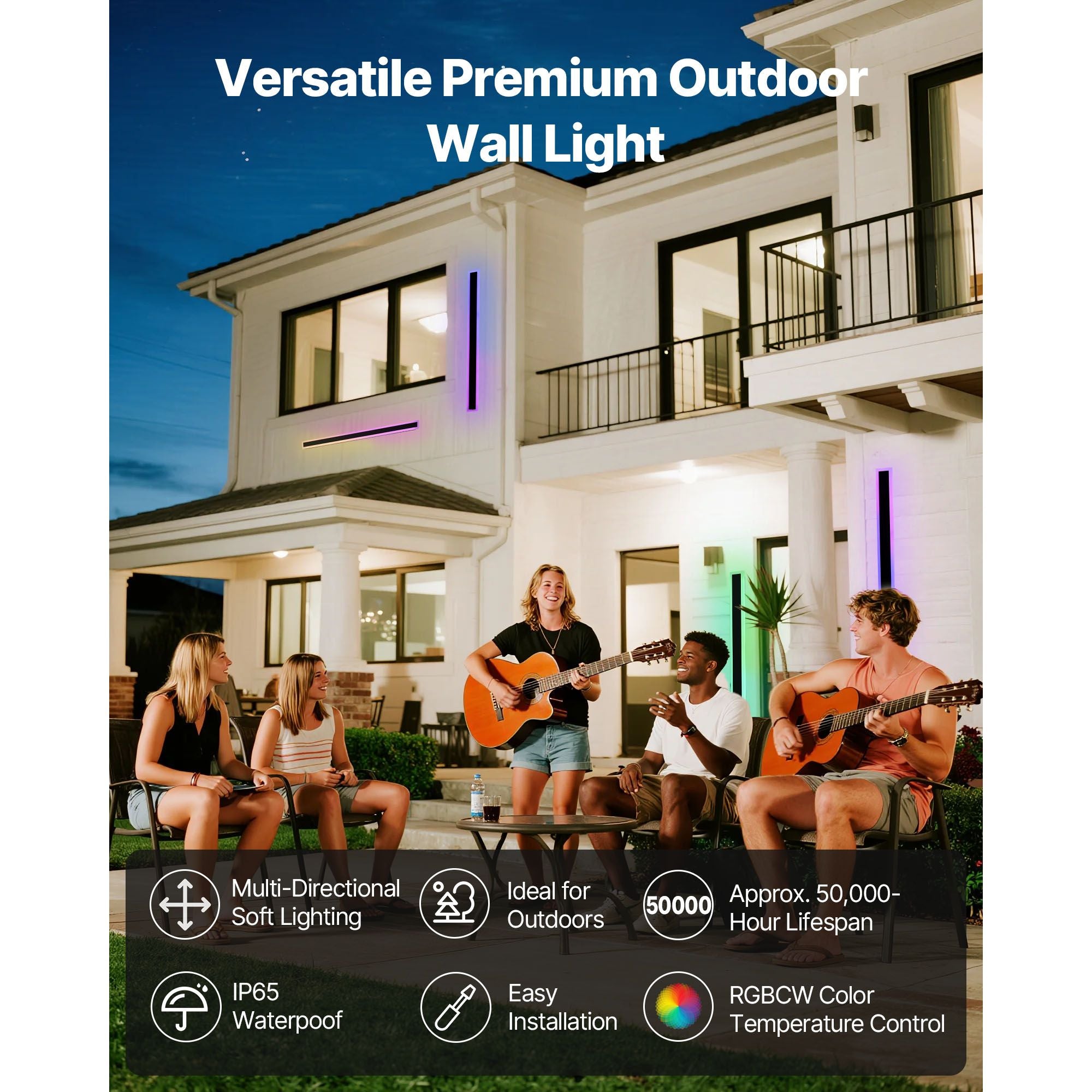 RGB Outdoor Wall Lights 2 Pack, Dimmable Remote Control Modern Exterior Sconce