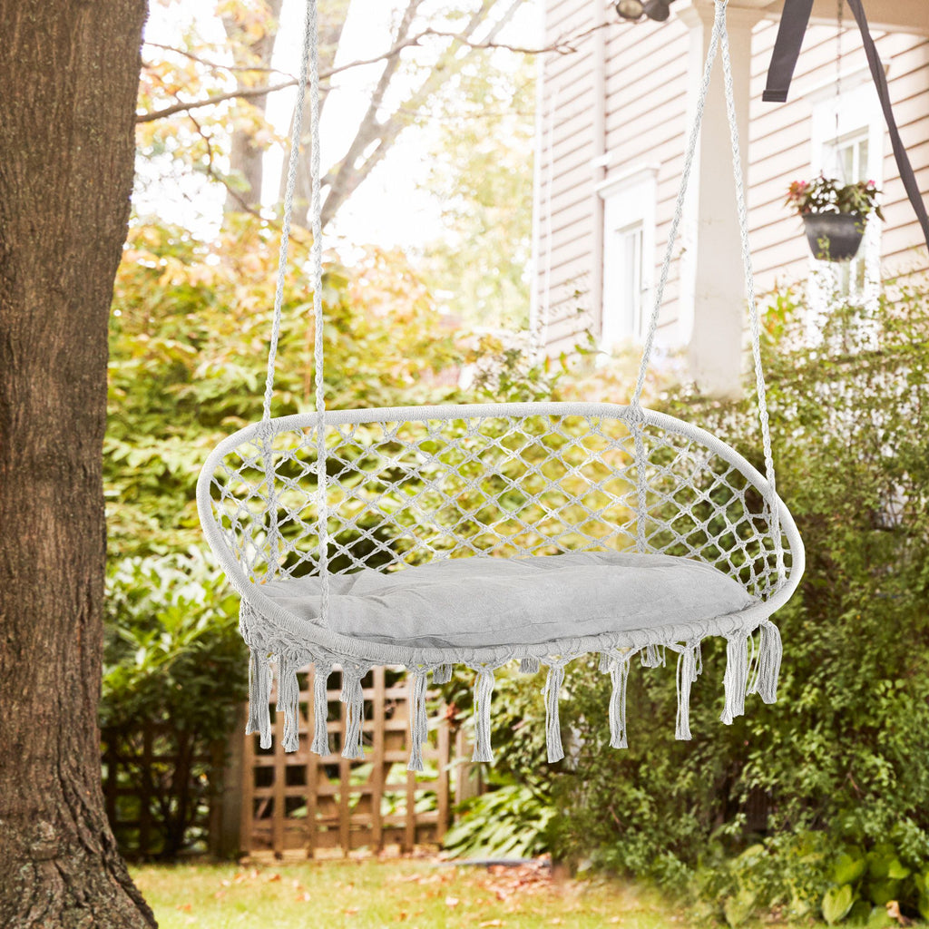 Boho-Style 2-Person Hanging Macrame Hammock Chair with Cushion