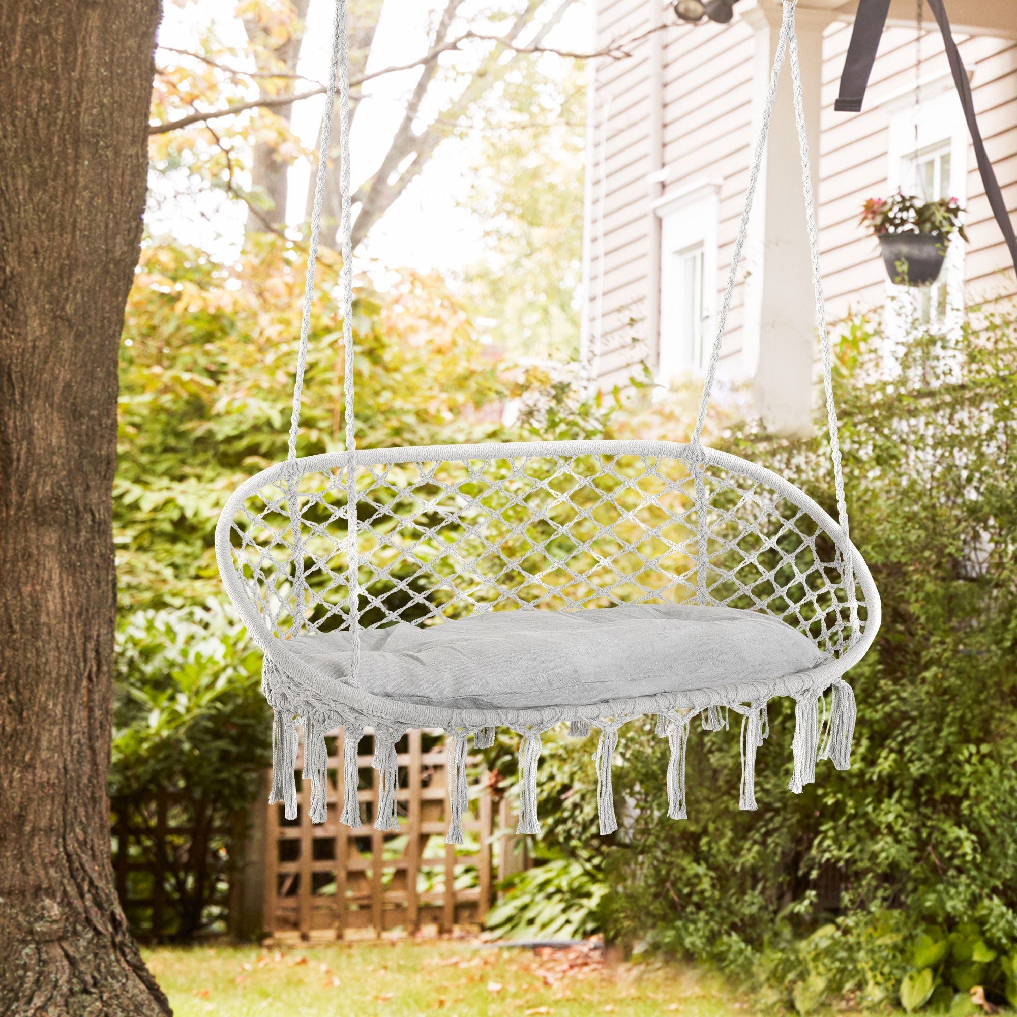 Boho-Style 2-Person Hanging Macrame Hammock Chair with Cushion