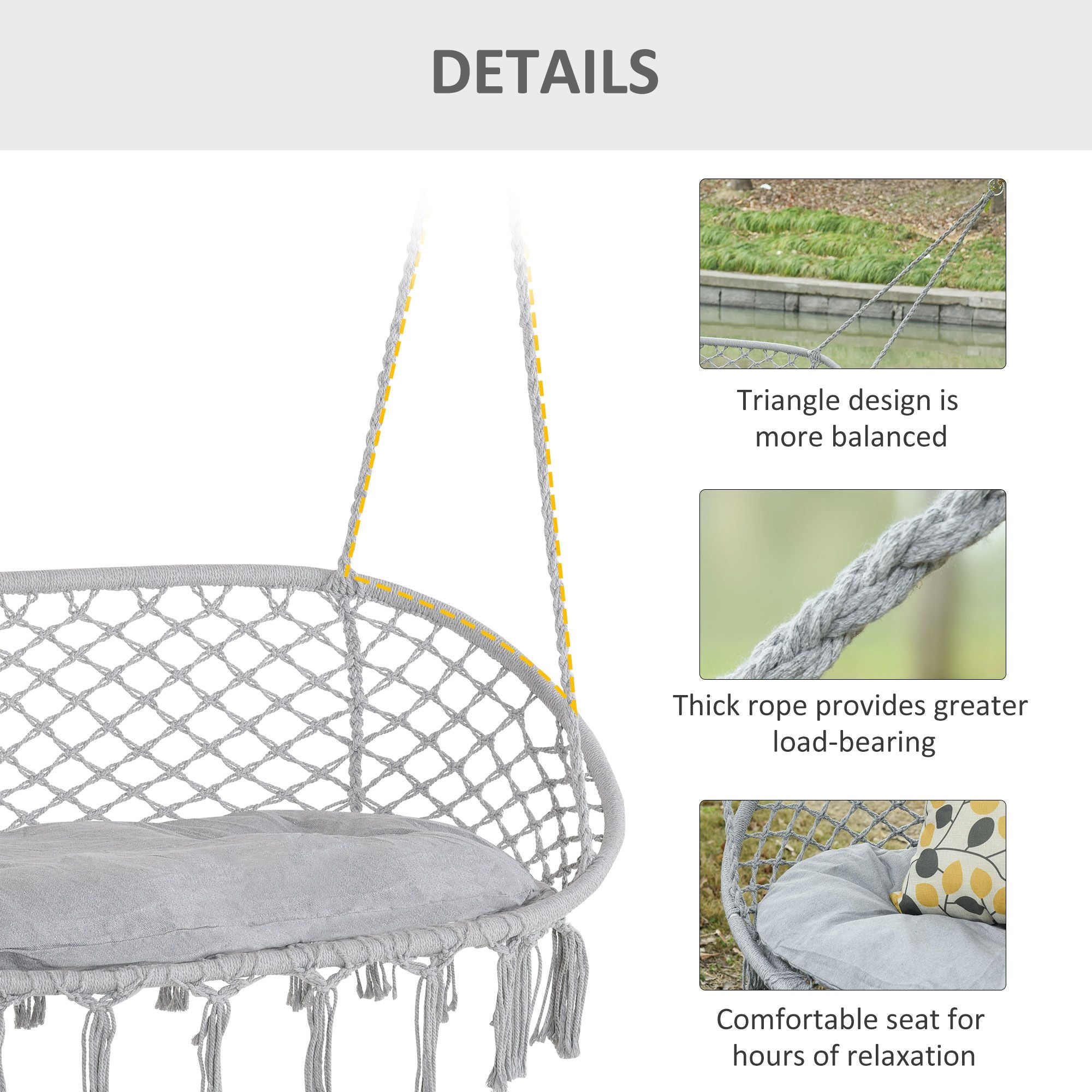 Boho-Style 2-Person Hanging Macrame Hammock Chair with Cushion