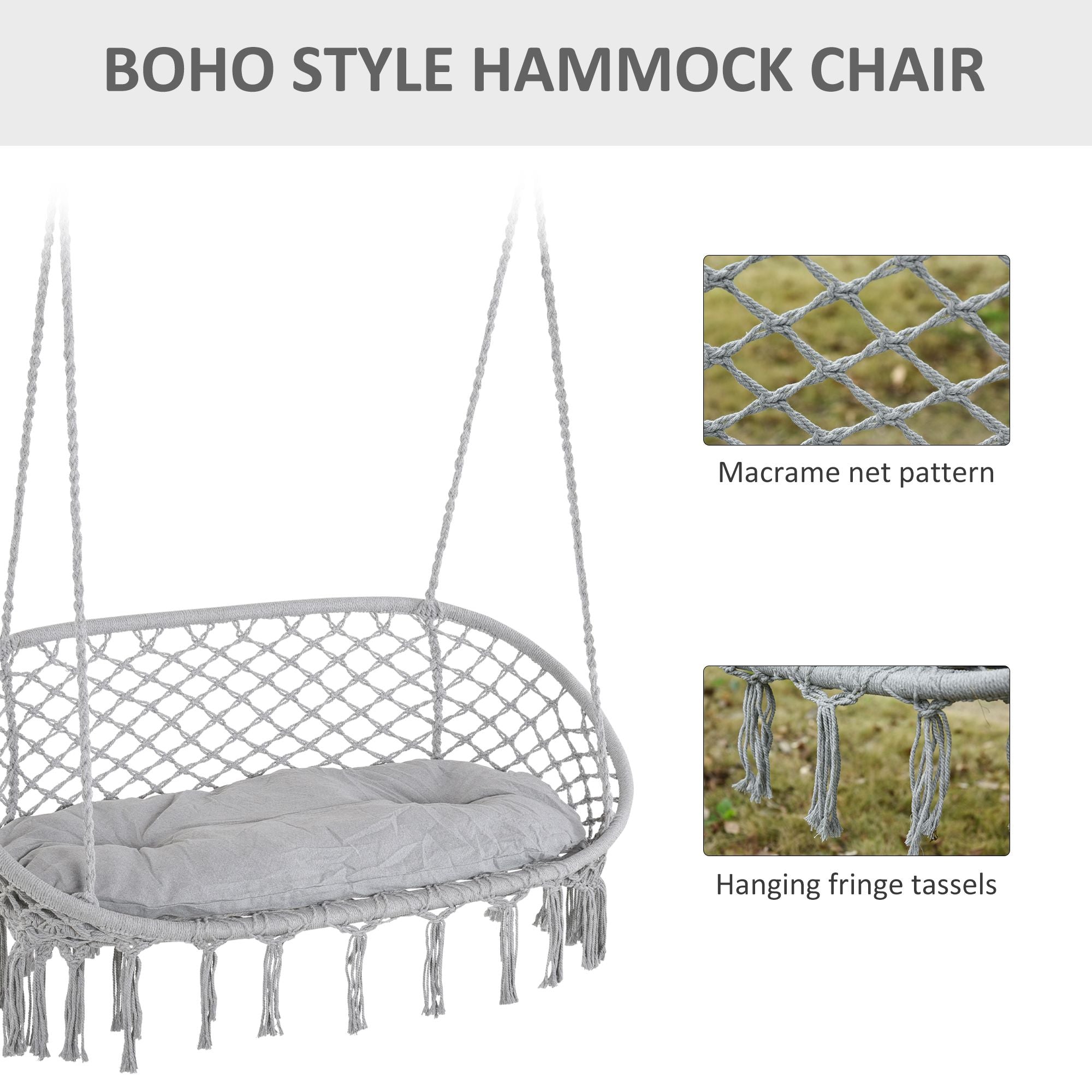 Boho-Style 2-Person Hanging Macrame Hammock Chair with Cushion