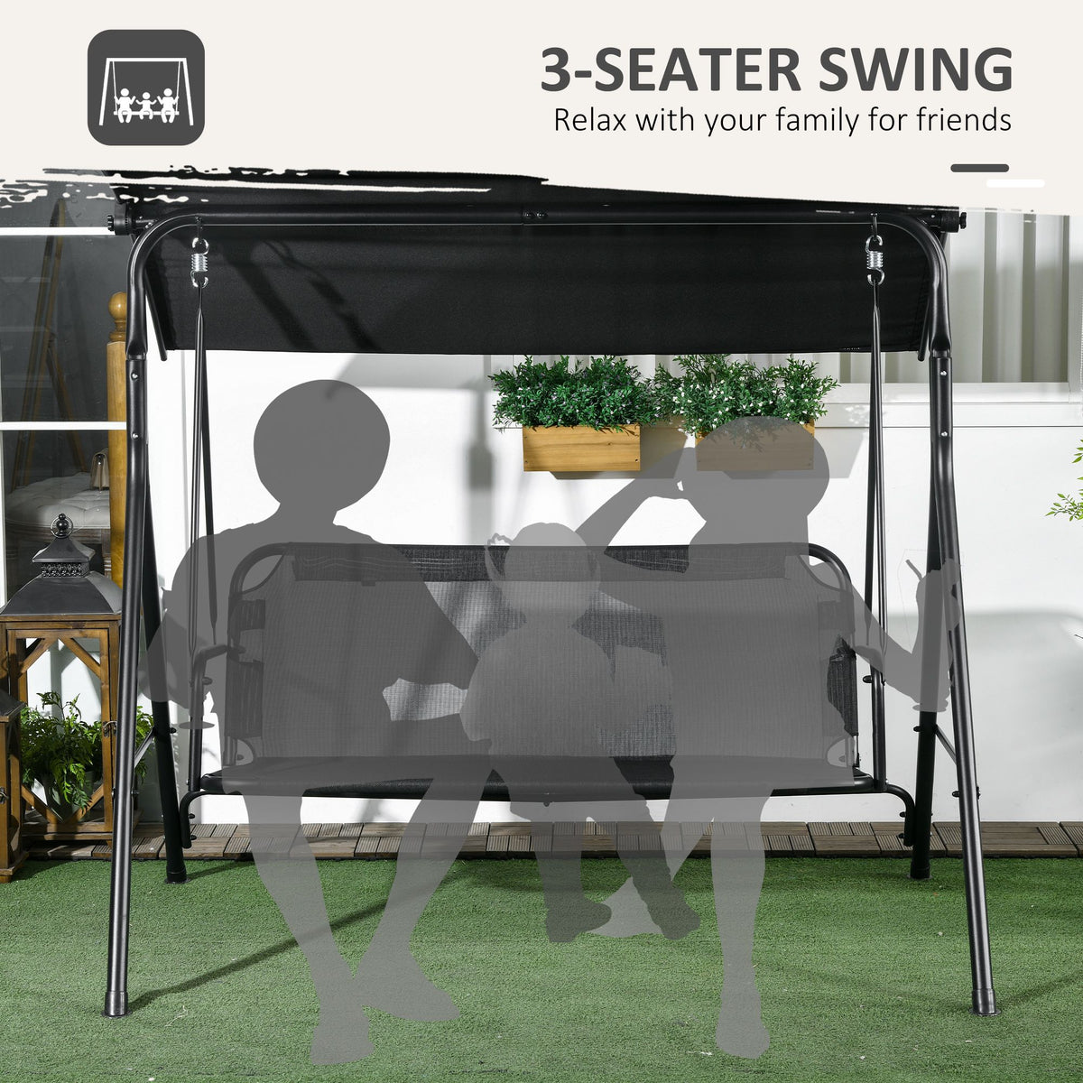 Outsunny 3-Seat Outdoor Patio Swing Chair with Cushions and Adjustable Canopy