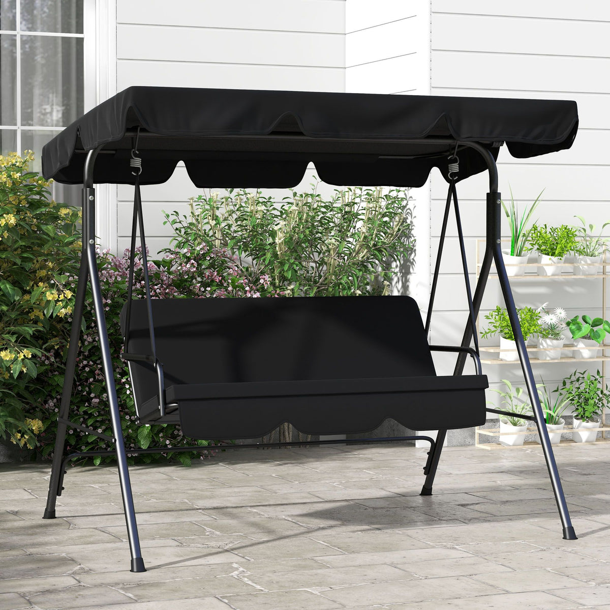 3-Seat Outdoor Patio Swing Chair with Adjustable Canopy and Cushions