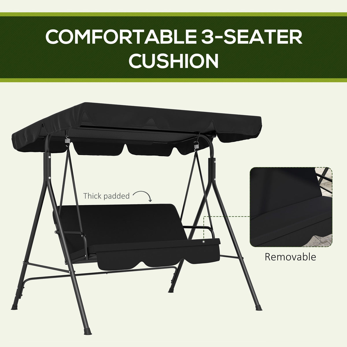3-Seat Outdoor Patio Swing Chair with Adjustable Canopy and Cushions