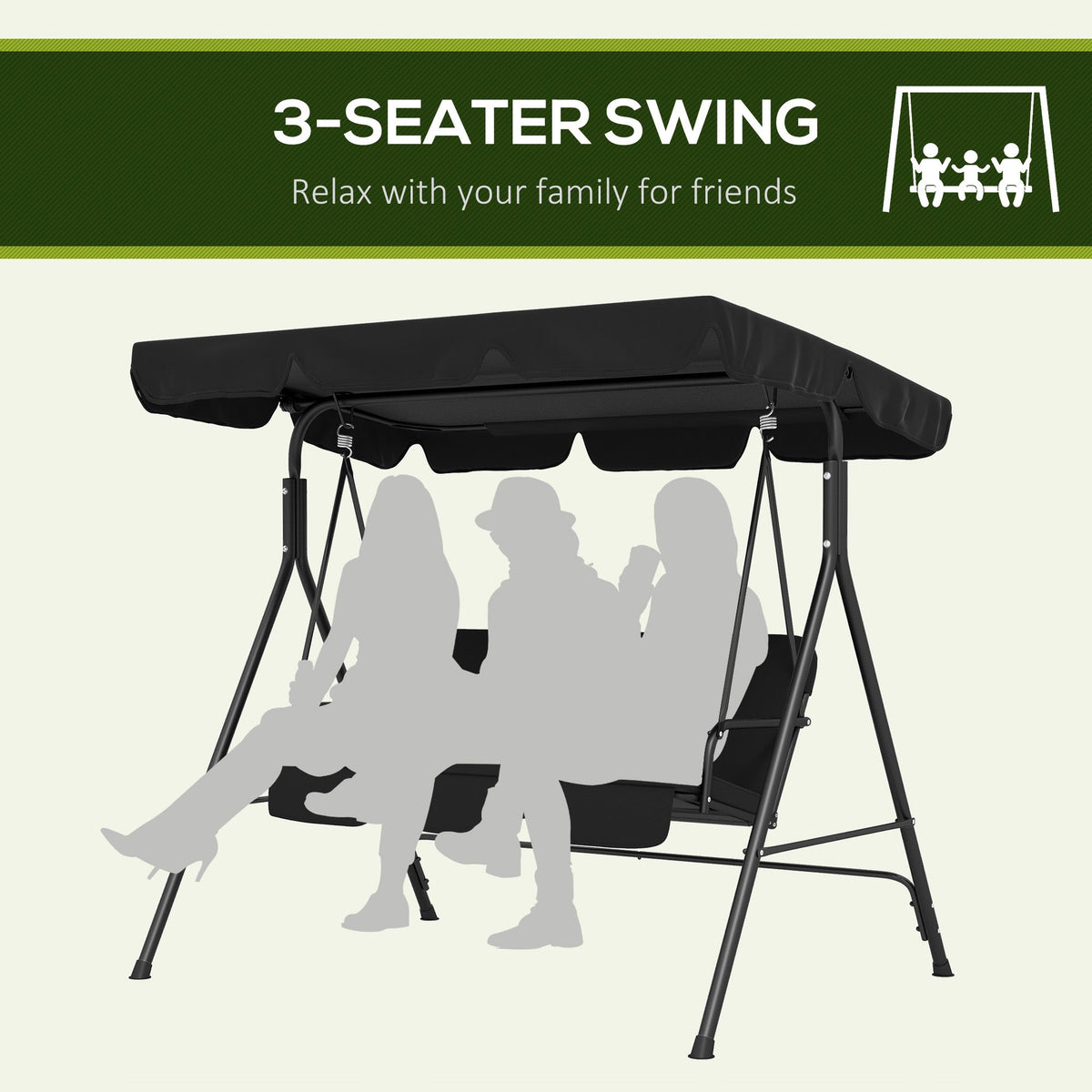 3-Seat Outdoor Patio Swing Chair with Adjustable Canopy and Cushions