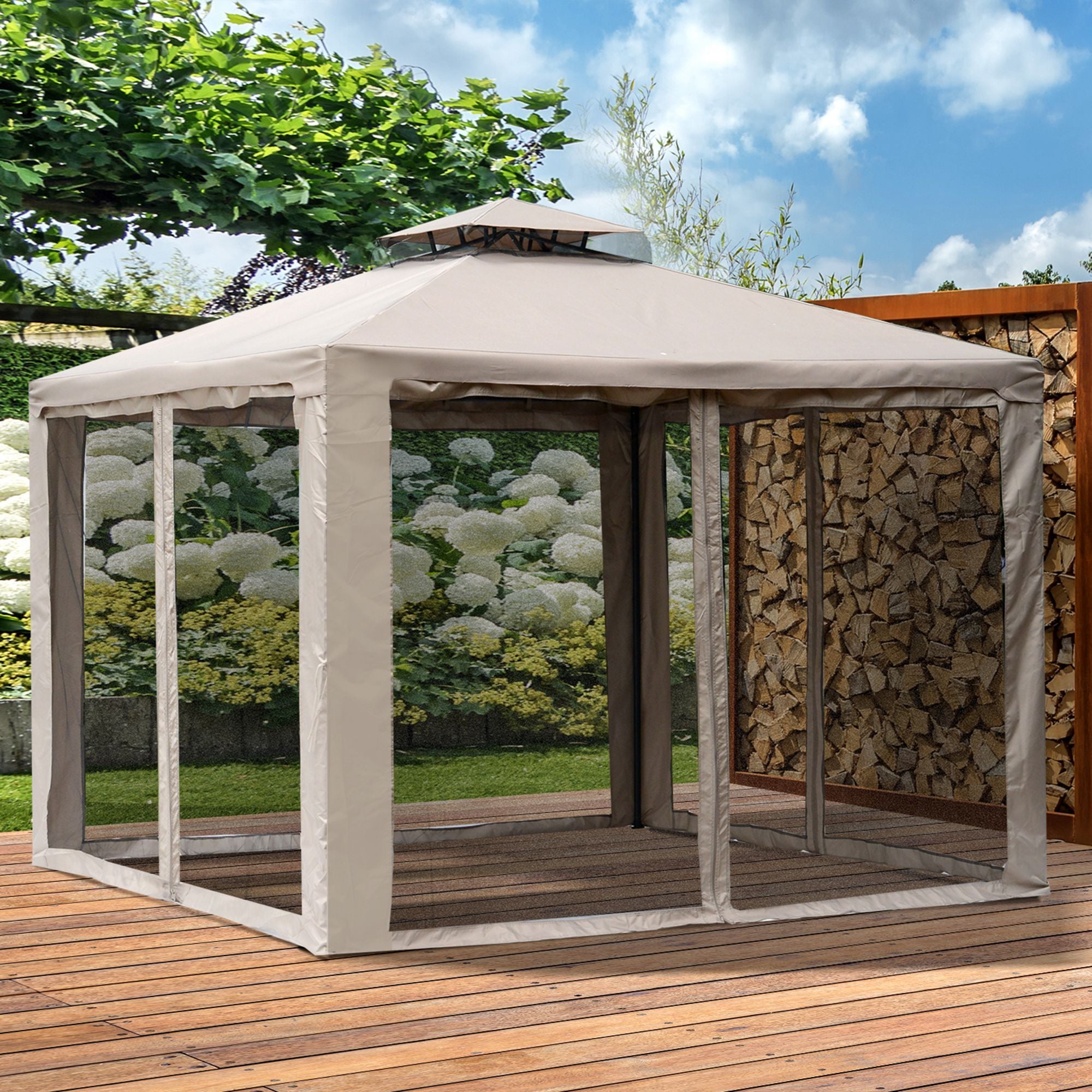 Two-Tier Patio Gazebo with Mesh Enclosure