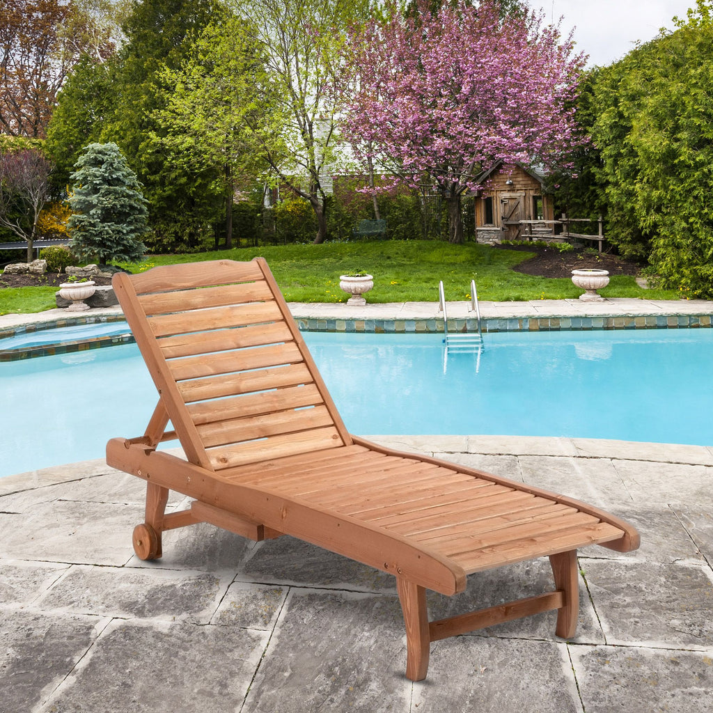 Red Wood Chaise Lounge with Built-In Pull-Out Table & Reclining Positions