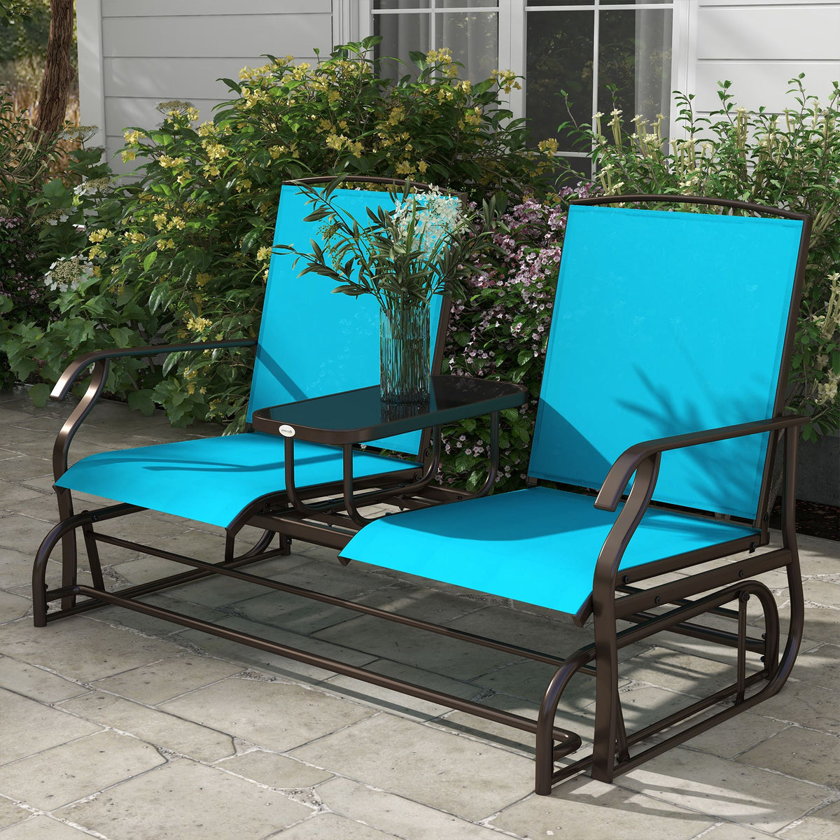 Outsunny Outdoor Glider Bench with Center Table – Patio Loveseat