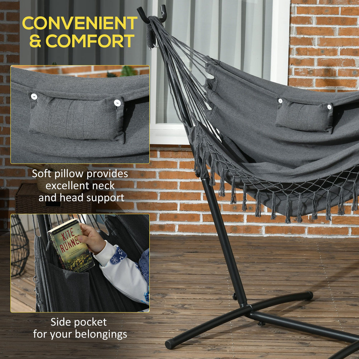 Outsunny Patio Hammock Chair with Stand – Boho Design with Pillow and Side Pocket