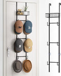 Over Door Hat Rack with Basket-Style Cap Storage and Mounting Hooks