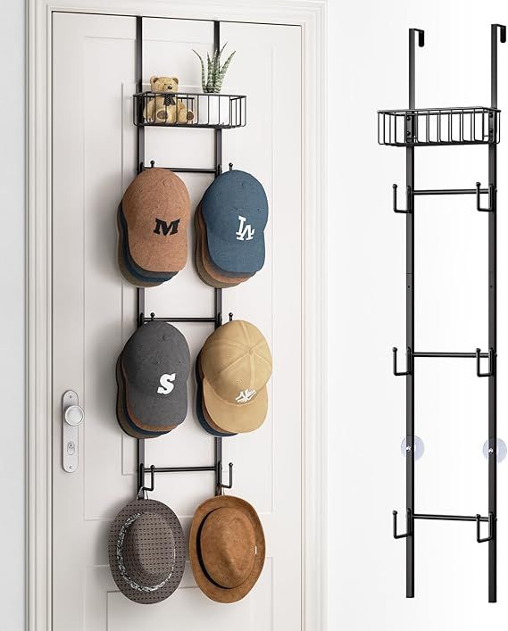 Over Door Hat Rack with Basket-Style Cap Storage and Mounting Hooks