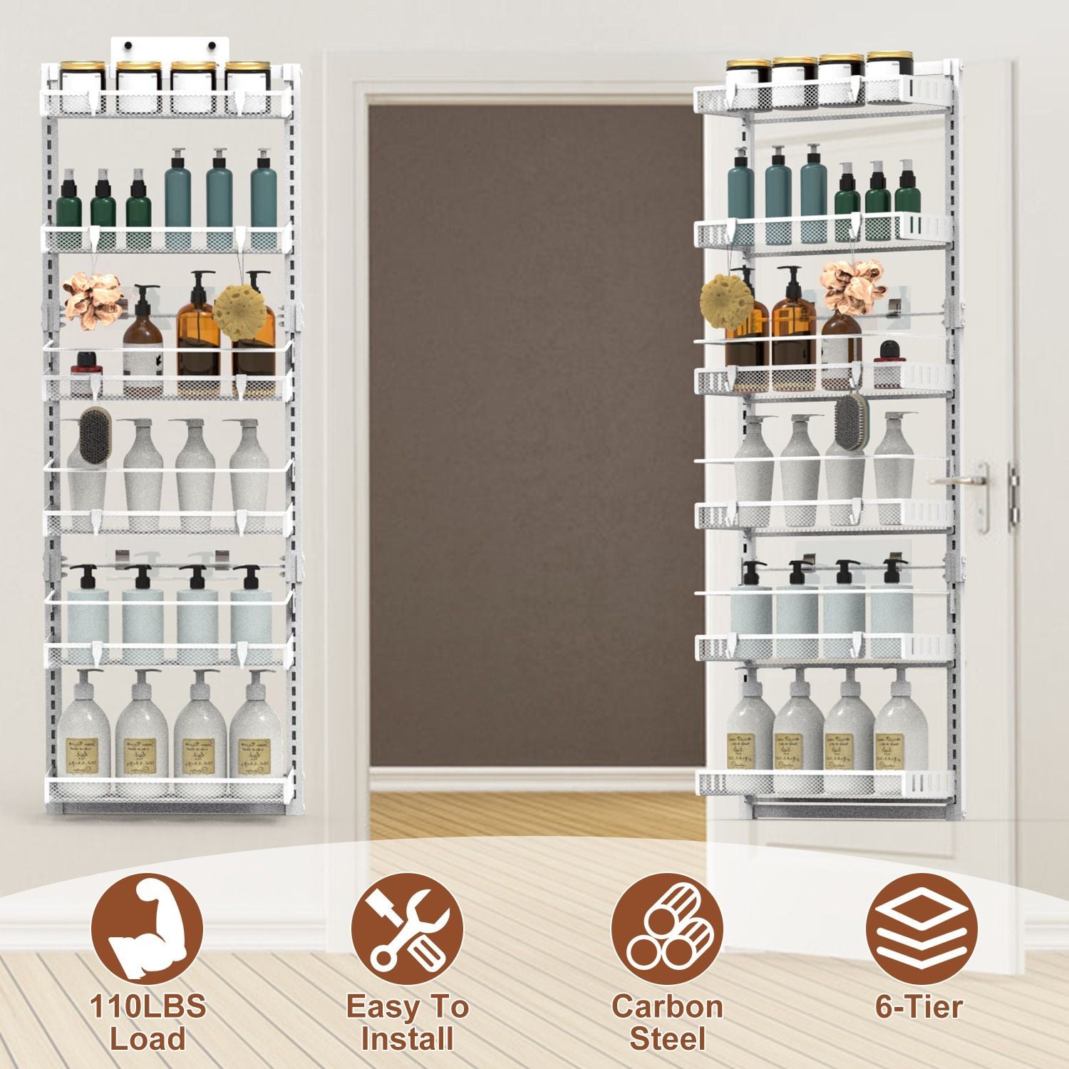Over The Door Pantry Organizer 6-Tier Pantry Door Organizer Carbon Steel Loading Easy Install