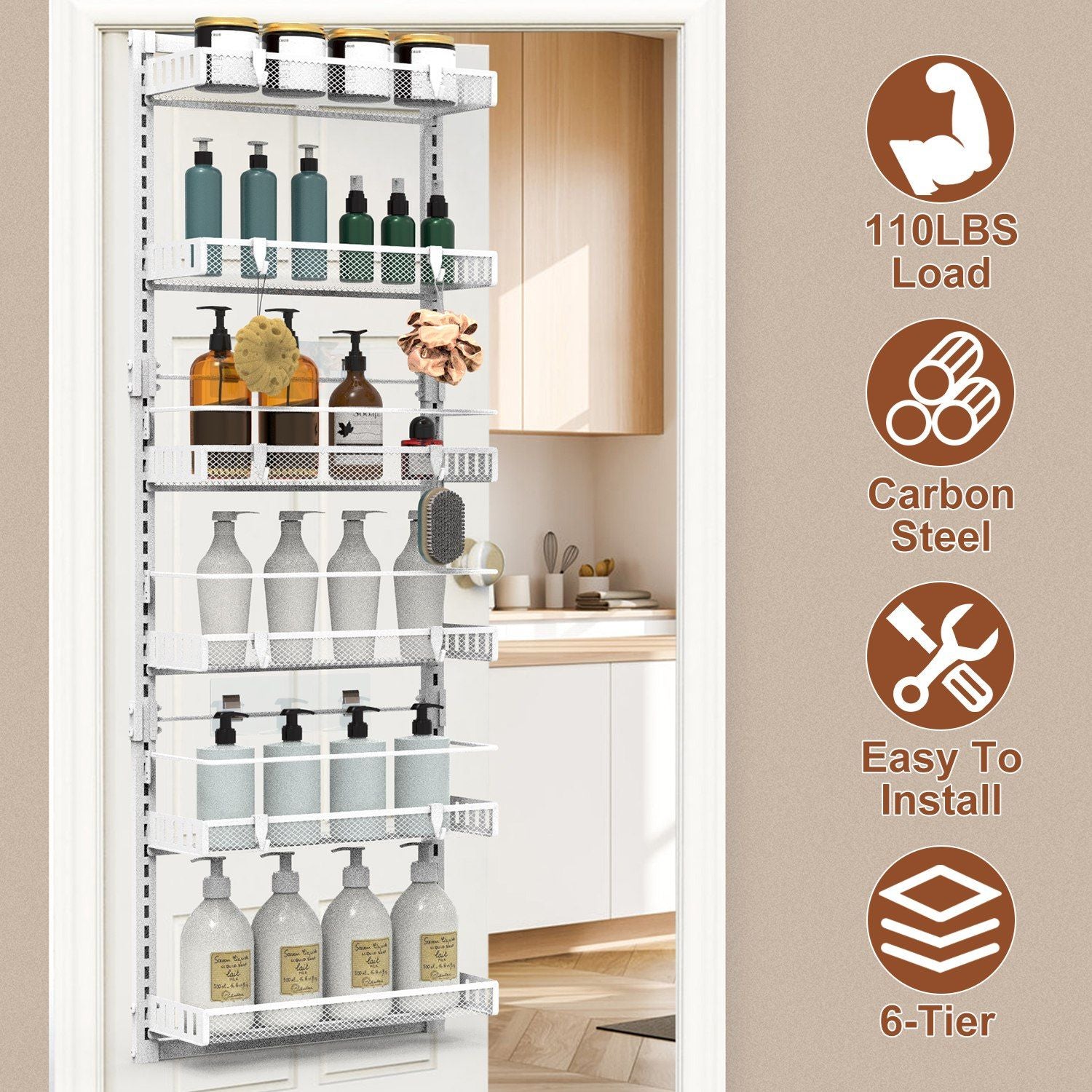 Over The Door Pantry Organizer 6-Tier Pantry Door Organizer Carbon Steel Loading Easy Install