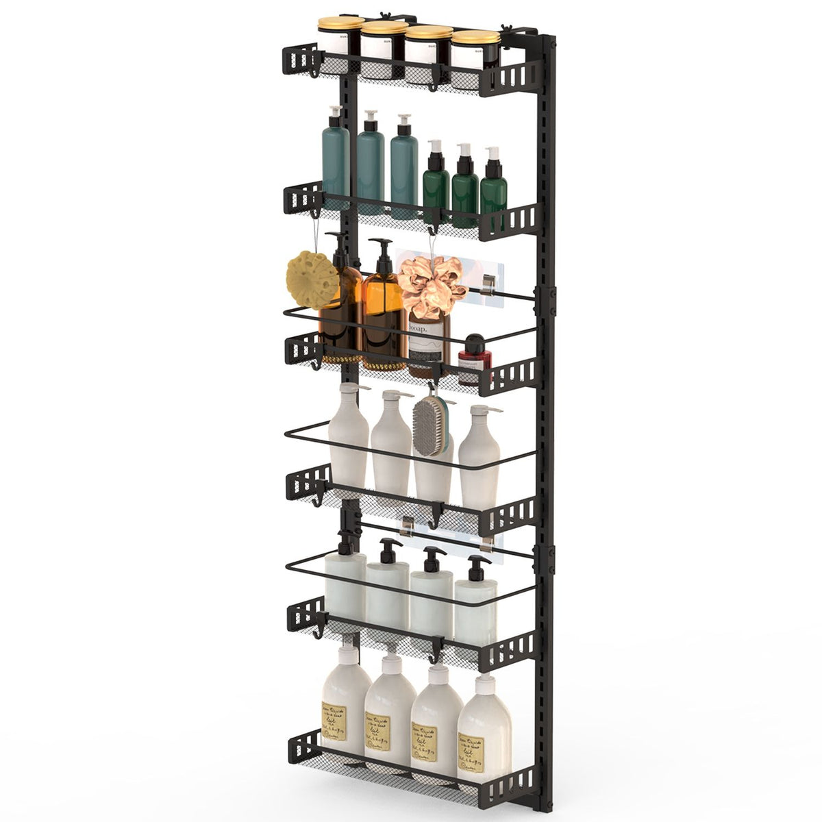 6-Tier Over-the-Door Pantry Organizer – Carbon Steel with Anti-Fall Baffles - Black