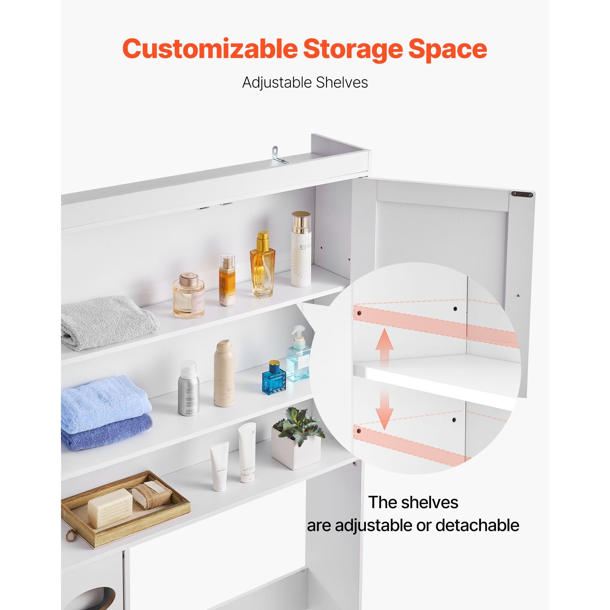 Over The Toilet Storage Cabinet, Height Bathroom Storage Organizer with Double Door and Adj