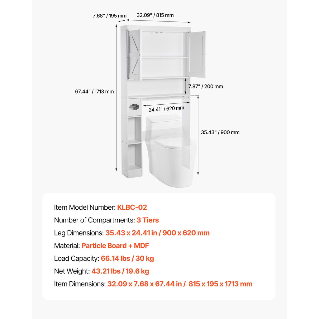 Over The Toilet Storage Cabinet, Height Bathroom Storage Organizer with Double Door and Adj