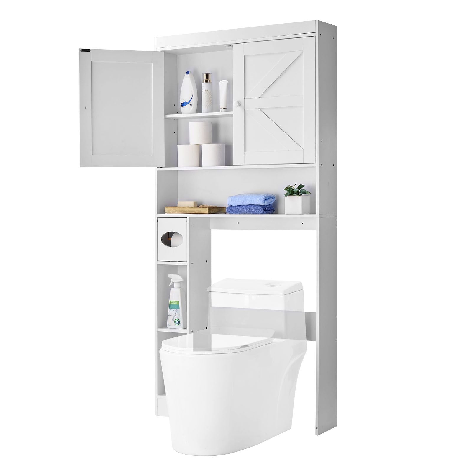 Over The Toilet Storage Cabinet, Height Bathroom Storage Organizer with Double Door and Adj