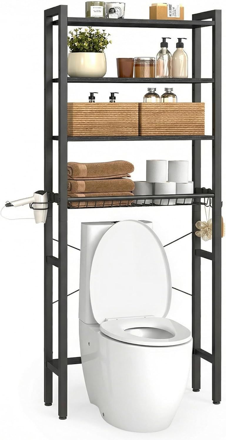Over-the-Toilet Bathroom Organizer with Adjustable Shelves, Basket, and Hooks