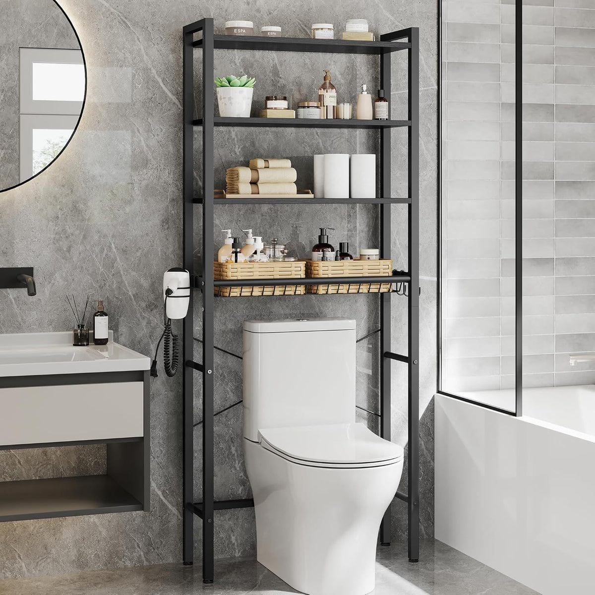 Over-the-Toilet Bathroom Organizer with Adjustable Shelves, Basket, and Hooks