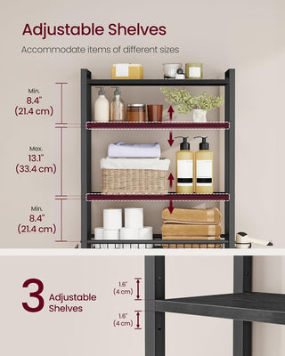 Over-the-Toilet Bathroom Organizer with Adjustable Shelves, Basket, and Hooks