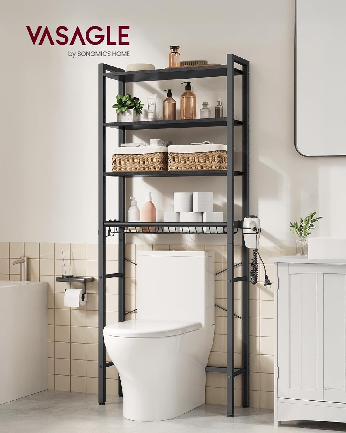 Over-the-Toilet Bathroom Organizer with Adjustable Shelves, Basket, and Hooks