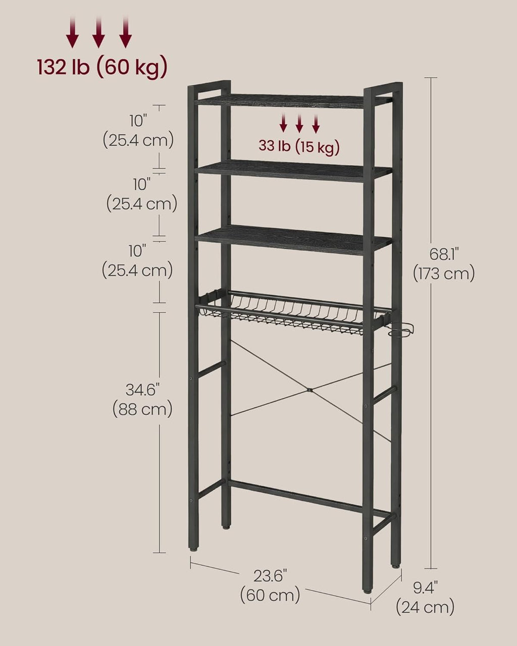 Over-the-Toilet Bathroom Organizer with Adjustable Shelves, Basket, and Hooks