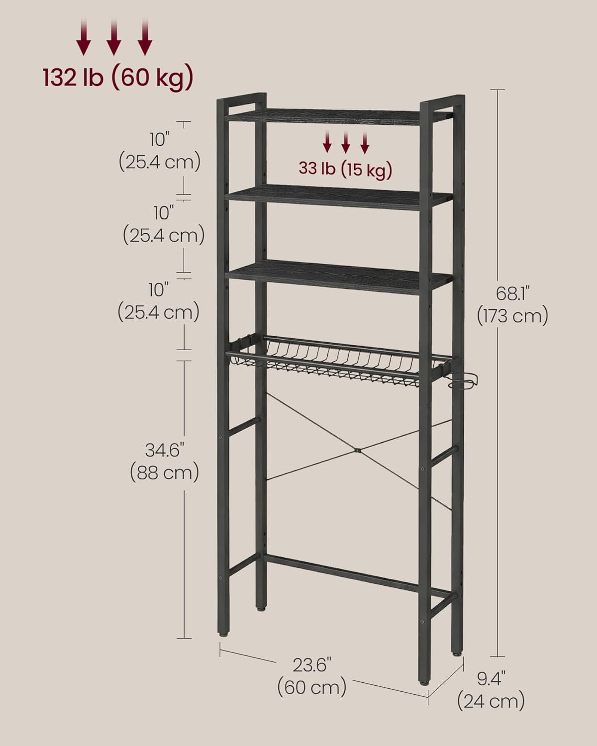 Over-the-Toilet Bathroom Organizer with Adjustable Shelves, Basket, and Hooks