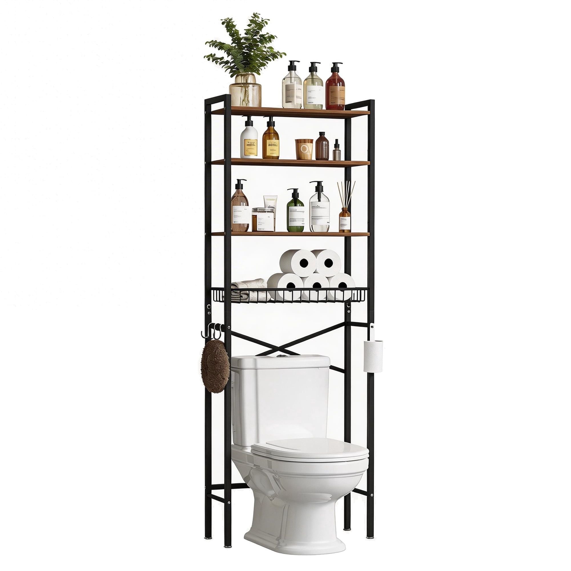 4-Tier Over The Toilet Storage Shelf with Hooks and Toilet Paper Holder