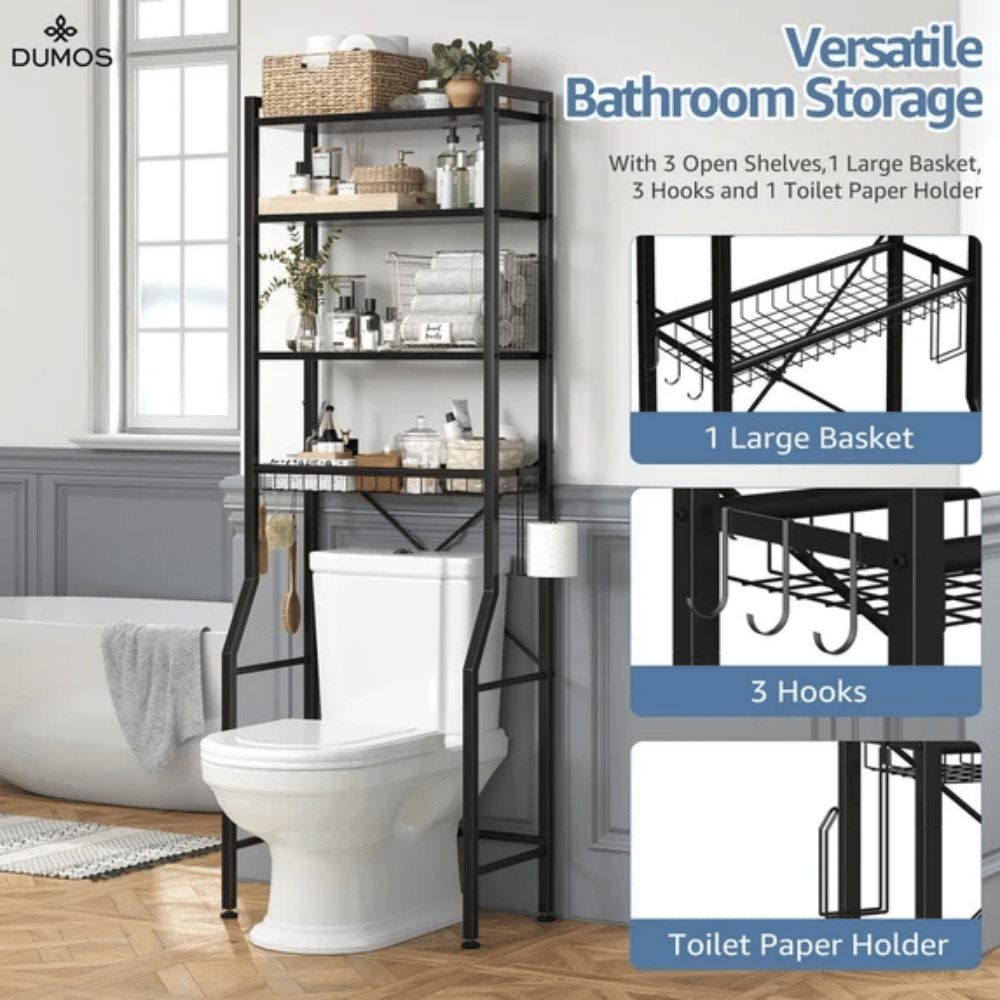 Over-Toilet 4-Tier Organizer With Adjustable Shelves for Small Bathrooms