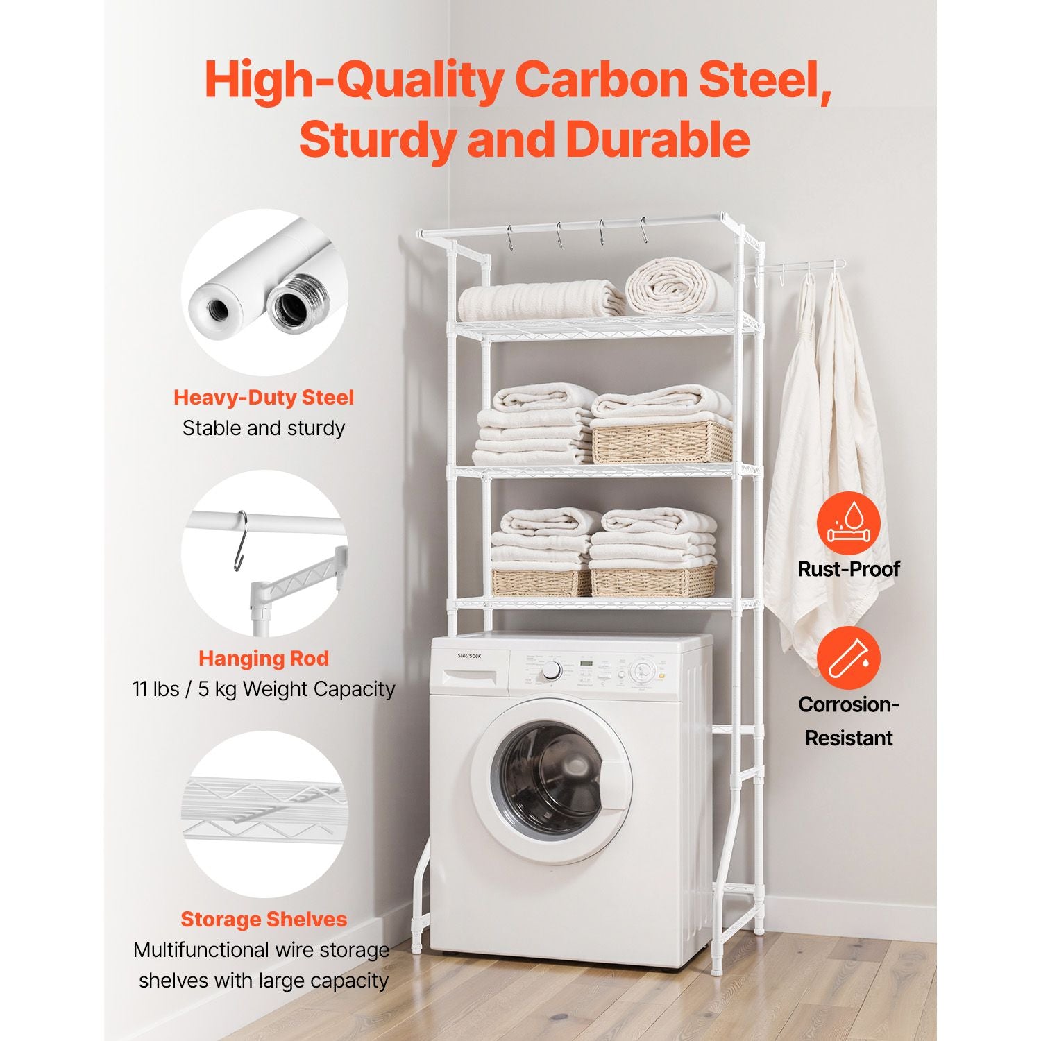 3-Tier Over Washer Dryer Storage Shelf with Hanger Rod and Hooks