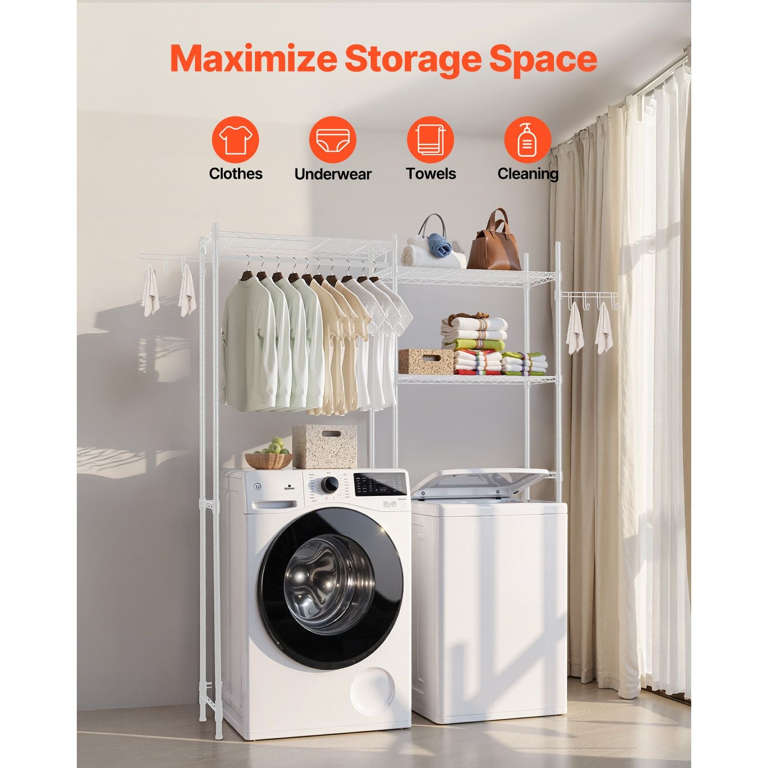 Over Washer Dryer Storage Shelves – 5 Tiers with Hanger Rod & Hooks