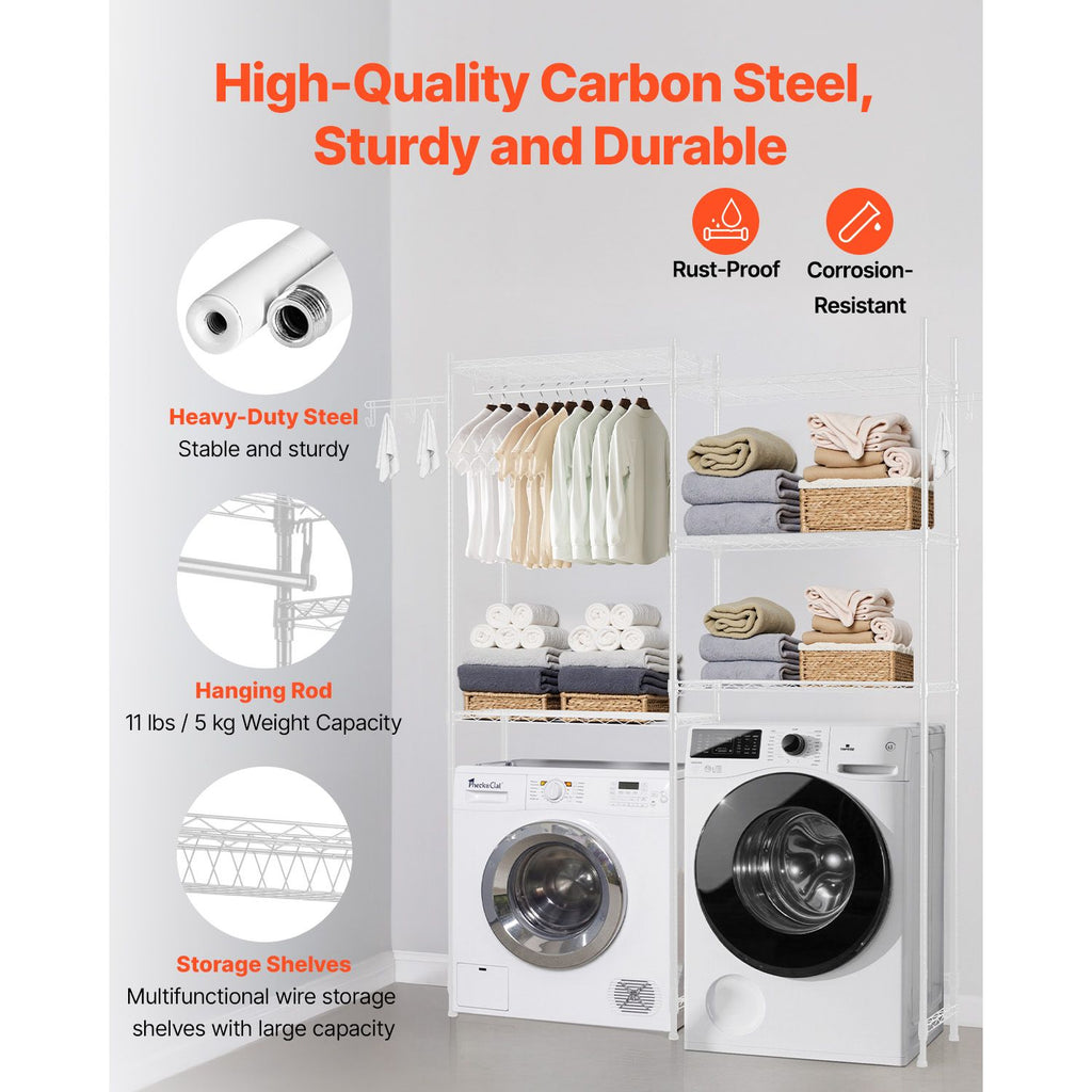 Over Washer Dryer Storage Shelves – 5 Tiers with Hanger Rod & Hooks