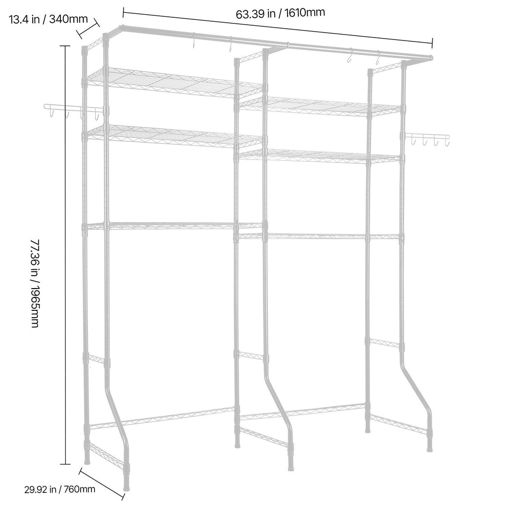 6-Tier Over Washer and Dryer Storage Shelf with Hanger Rod and Hooks for Laundry Room