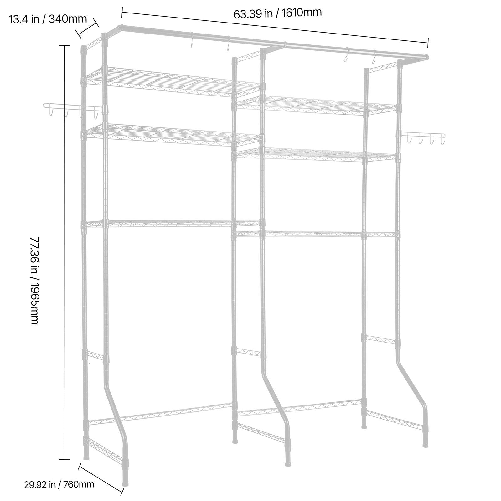 6-Tier Over Washer and Dryer Storage Shelf with Hanger Rod and Hooks for Laundry Room