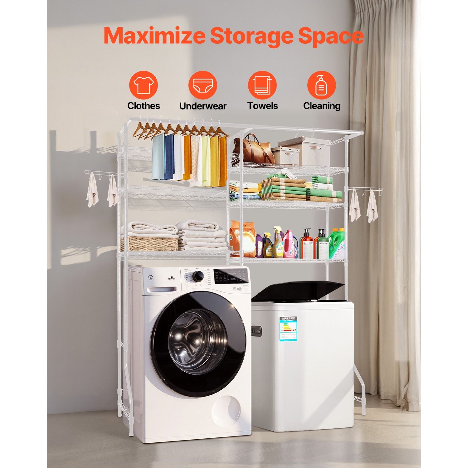 6-Tier Over Washer and Dryer Storage Shelf with Hanger Rod and Hooks for Laundry Room