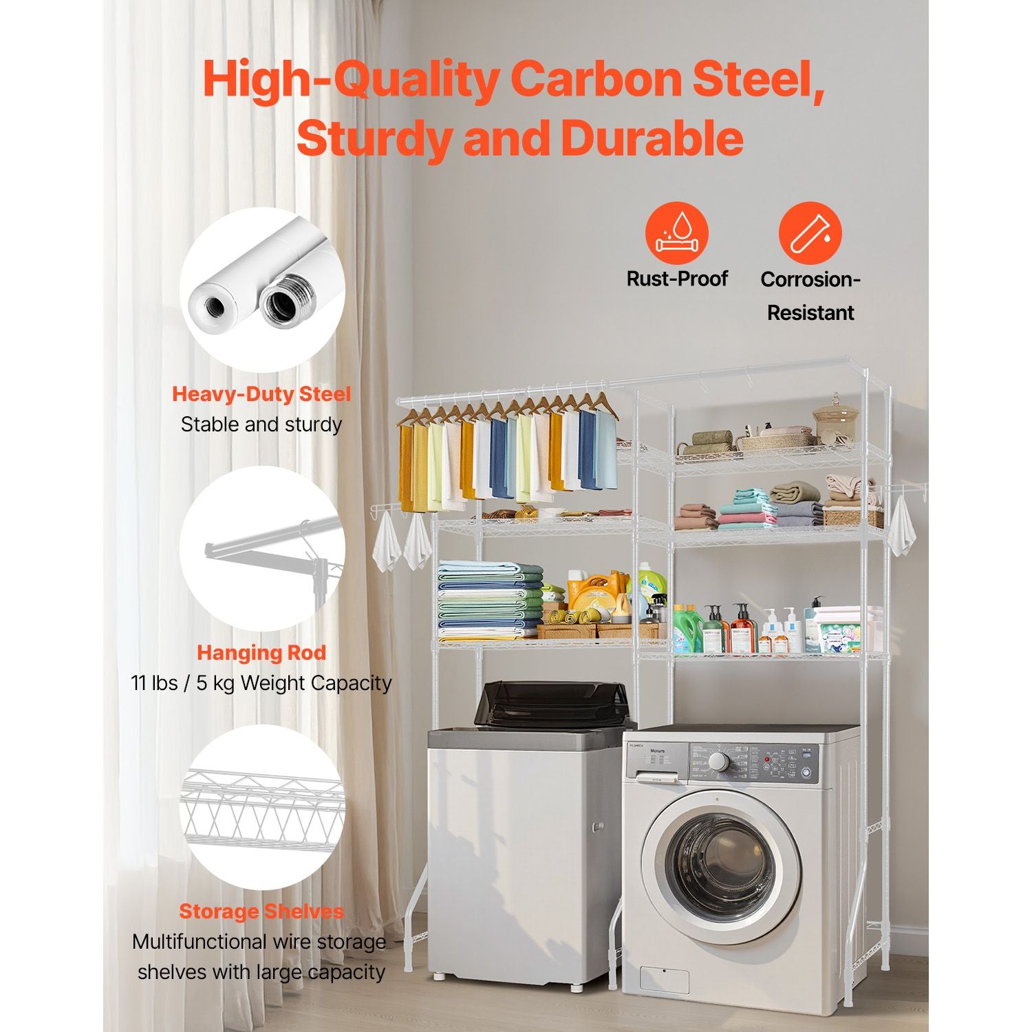 6-Tier Over Washer and Dryer Storage Shelf with Hanger Rod and Hooks for Laundry Room