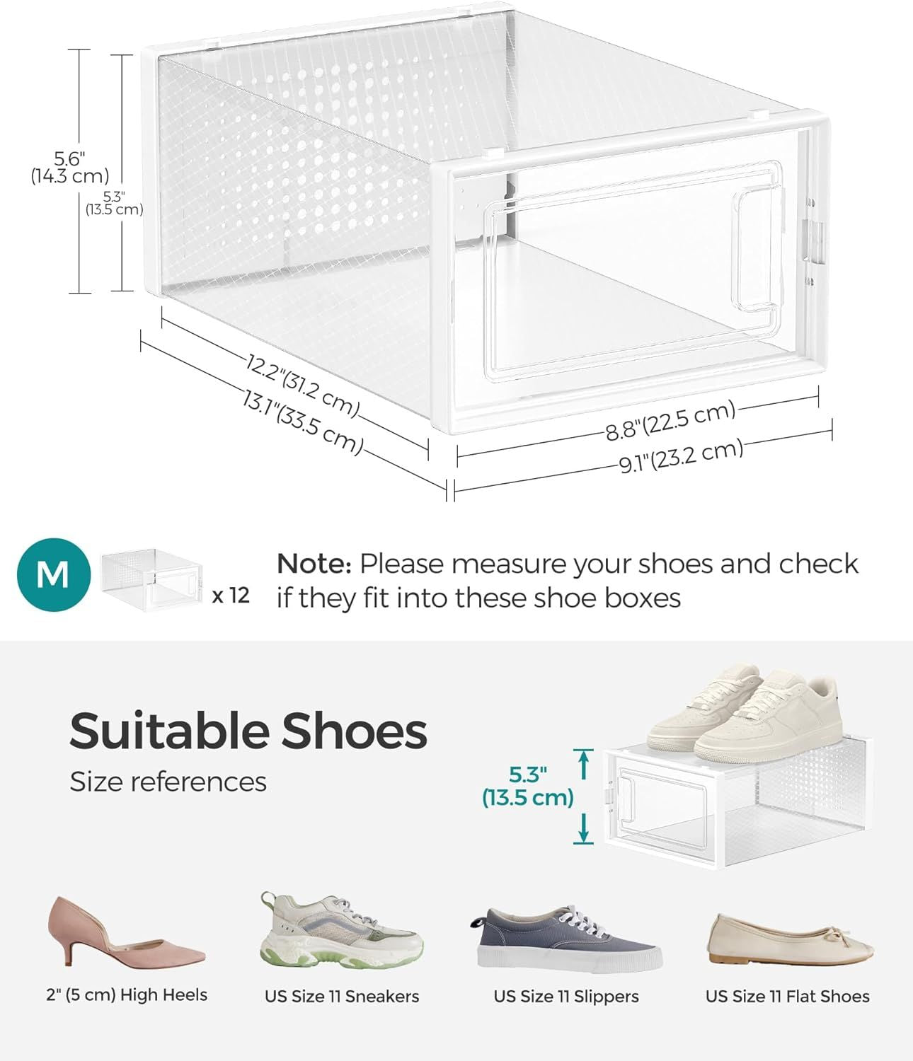 12-Pack Stackable Clear Plastic Shoe Boxes for Closet Organization