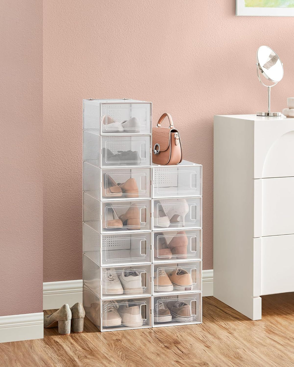 12-Pack Stackable Clear Plastic Shoe Boxes for Closet Organization